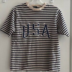 Vintage Polo by Ralph Lauren Navy and Cream Striped Tee Shirt USA 90s Preppy